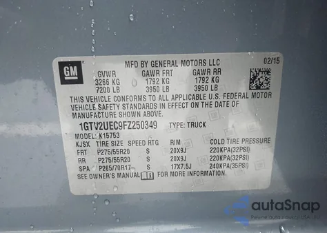 2015 GMC Sierra 1500 Sle z USA, uszkodzony, nr VIN 1GTV2UEC9FZ250349